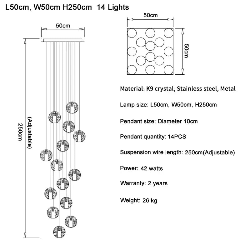 Modern cascading pendant light with 14 k9 crystal ball led spheres and stainless steel frame for living room decorbites crystal ball