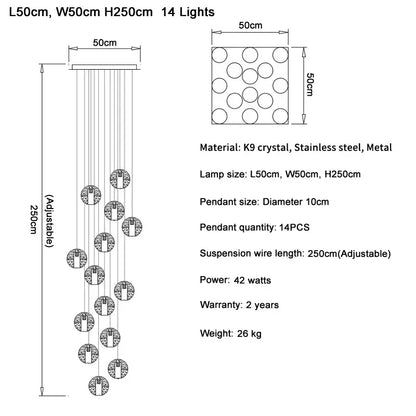 Modern cascading pendant light with 14 k9 crystal ball led spheres and stainless steel frame for living room decorbites crystal ball