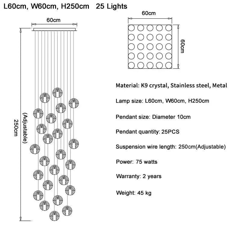 Elegant 25-light decorbites crystal ball led pendant light with k9 crystal pendants and stainless steel in modern cascading design
