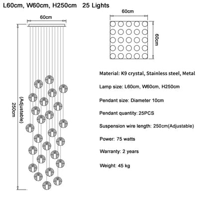 Elegant 25-light decorbites crystal ball led pendant light with k9 crystal pendants and stainless steel in modern cascading design