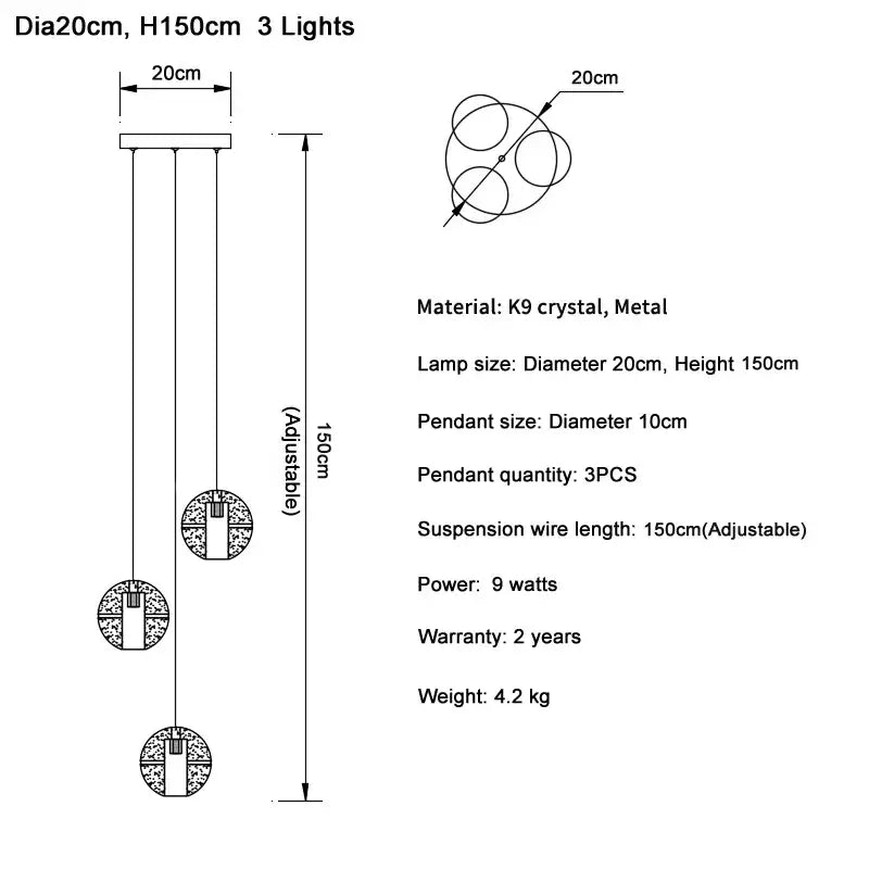 Elegant modern cascading crystal ball led pendant light with k9 crystal and metal featuring adjustable suspension wires