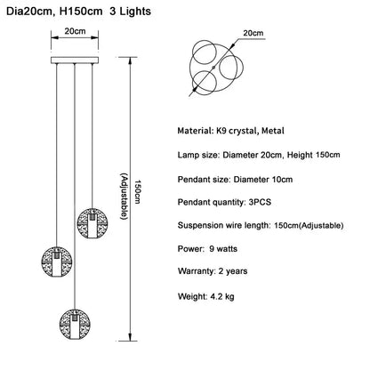 Elegant modern cascading crystal ball led pendant light with k9 crystal and metal featuring adjustable suspension wires