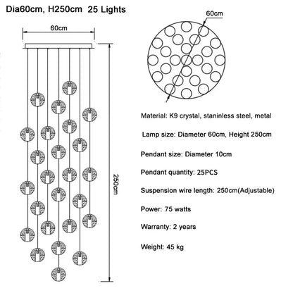 Modern cascading pendant light featuring 25 k9 crystal ball led pendants with stainless steel decorbites crystal ball hardware