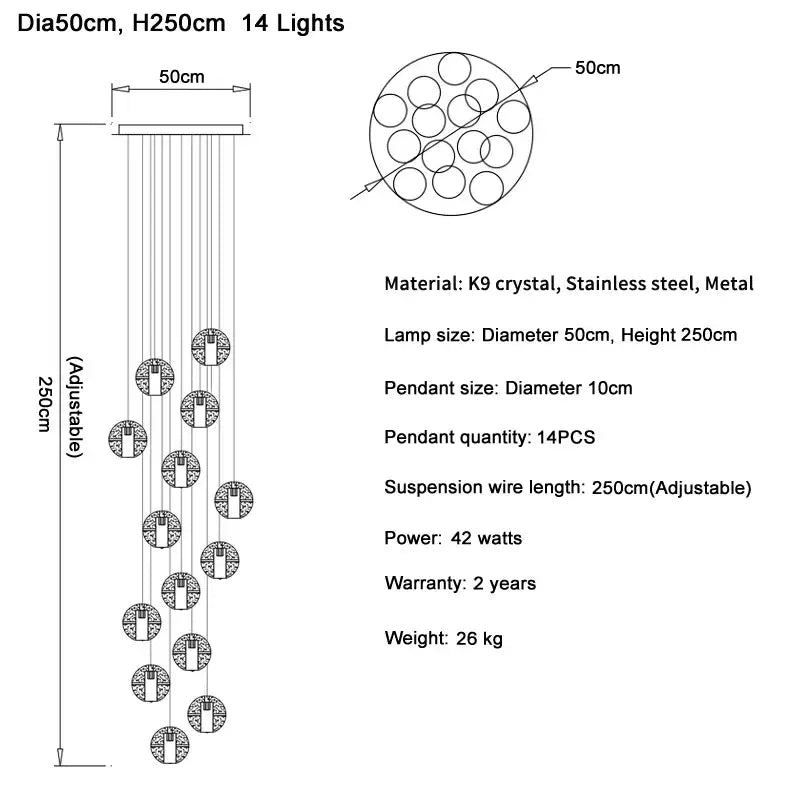 Elegant 14-light pendant light with k9 crystal ball led pendants and stainless steel finish for modern decorbites decor