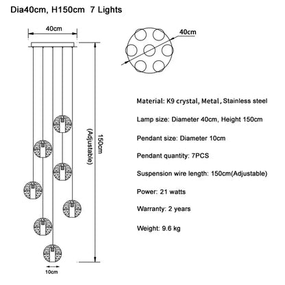 Elegant modern cascading pendant light with 7 k9 crystal ball led pendants and adjustable stainless steel suspension wires