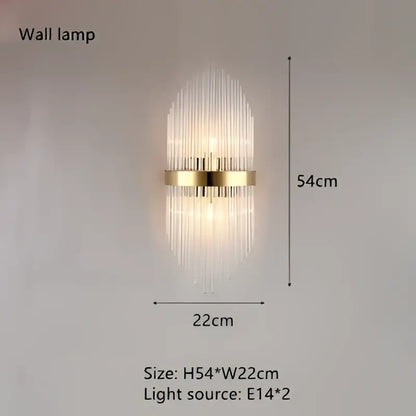 Gold-toned modern wall lamp with vertical crystal prisms and two e14 bulbs for decorbites crystal pendant chandelier decor