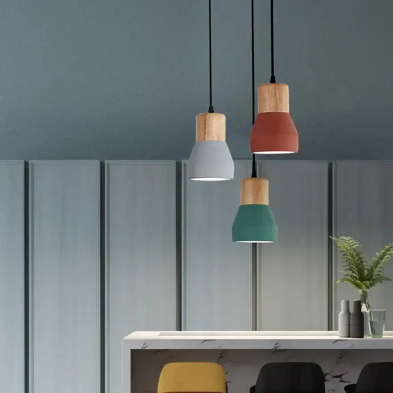 Three modern pendant lamps with wooden tops and gray terracotta teal ceramic shades for living room decorbites cement led decor
