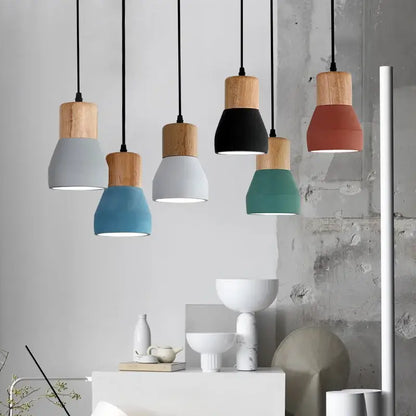 Modern ceramic and wood pendant lamp with gray blue black teal and terracotta shades for living room decorbites cement led design