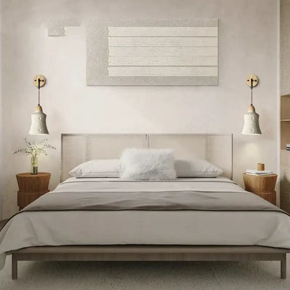 Modern ceramic bell wall lamp with pull chain switch beside minimalist wooden bedside tables in natural finish decorbites cement led wall