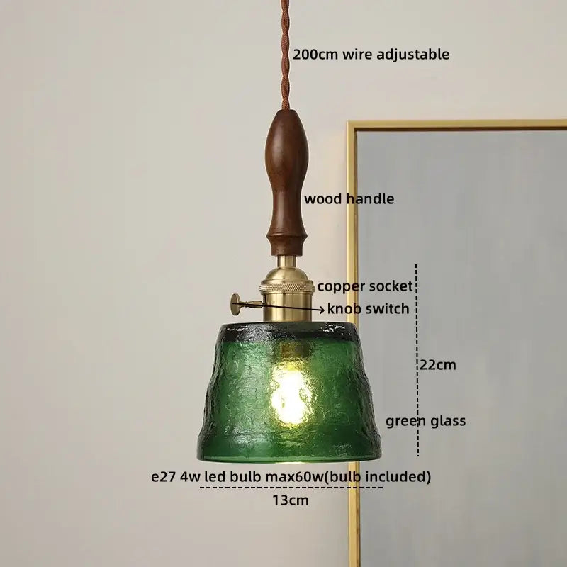 Modern ceramic led pendant light with green textured glass, wooden handle, and copper socket for dining room decorbites ceramic led