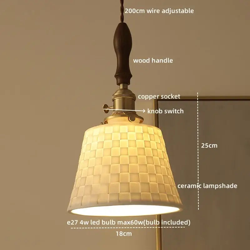 A warm-toned off-white decorbites ceramic led pendant light with woven texture and wood accents for dining room decor