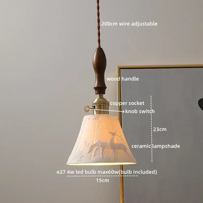 Modern ceramic LED pendant light with warm-toned off-white lampshade featuring deer relief and wood handle decorbites ceramic led