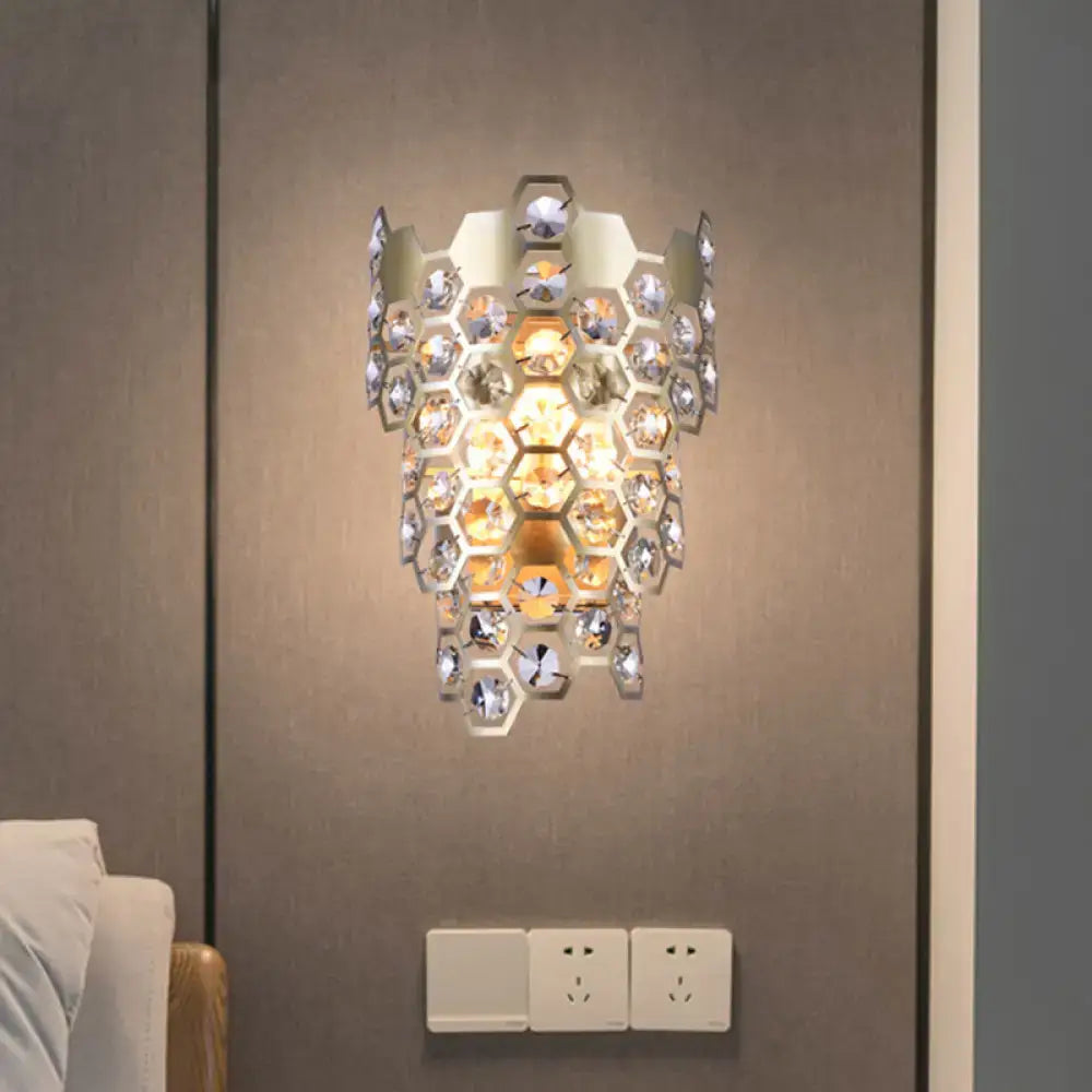 Modern champagne hexagon crystal wall sconce with clear faceted crystals in a metallic frame for e12 led incandescent fluorescent bulbs