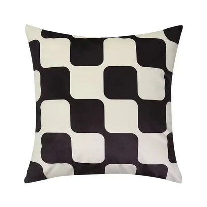 Black and white geometric patterned modern checkered fluffy velvet cushion cover for bedroom decorbites fluffy velvet pillow