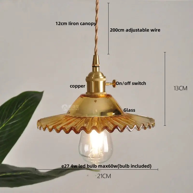 Modern chevron clear glass led pendant light with brass hardware amber scalloped glass shade and copper canopy 13cm tall