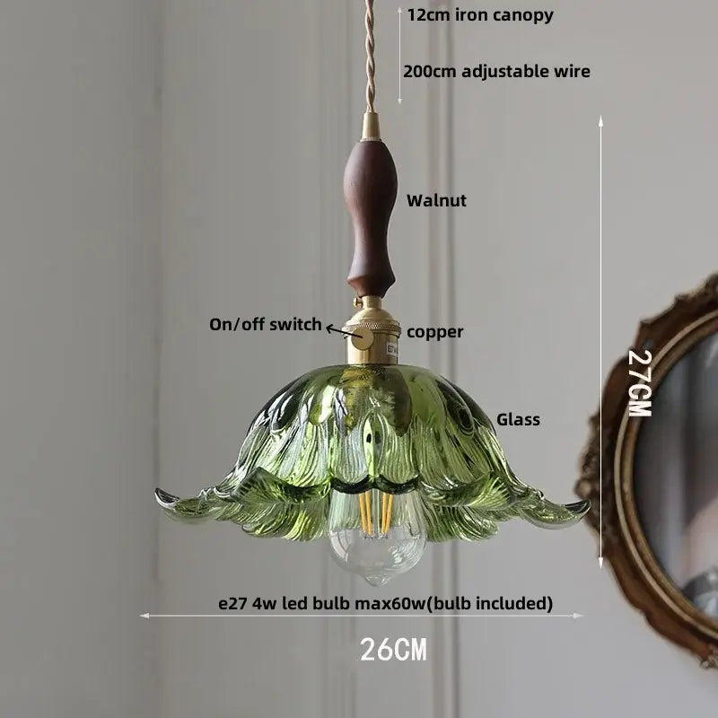 Modern chevron clear glass led pendant light with green glass flower shape, walnut handle, and copper accents by decorbites clear glass