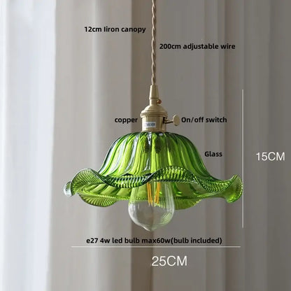 Modern chevron clear glass led pendant light with delicate green glass fluted leaf design and brass hardware accents