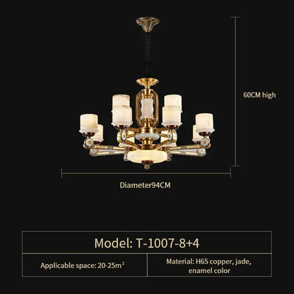 Elegant modern chinese copper jade chandelier with six frosted glass shades and jade accents for living room lighting