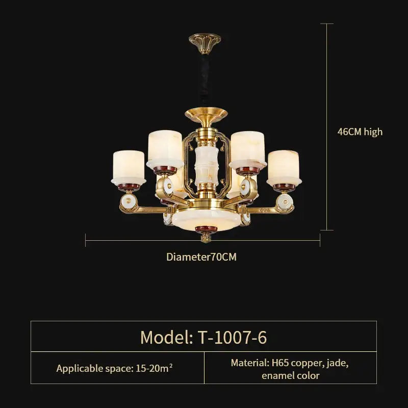 Modern chinese gold copper jade chandelier t-1007-6 with five frosted glass shades for living room lighting