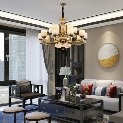 Modern Chinese gold copper jade chandelier with multiple frosted glass shades and ornate metalwork for living room