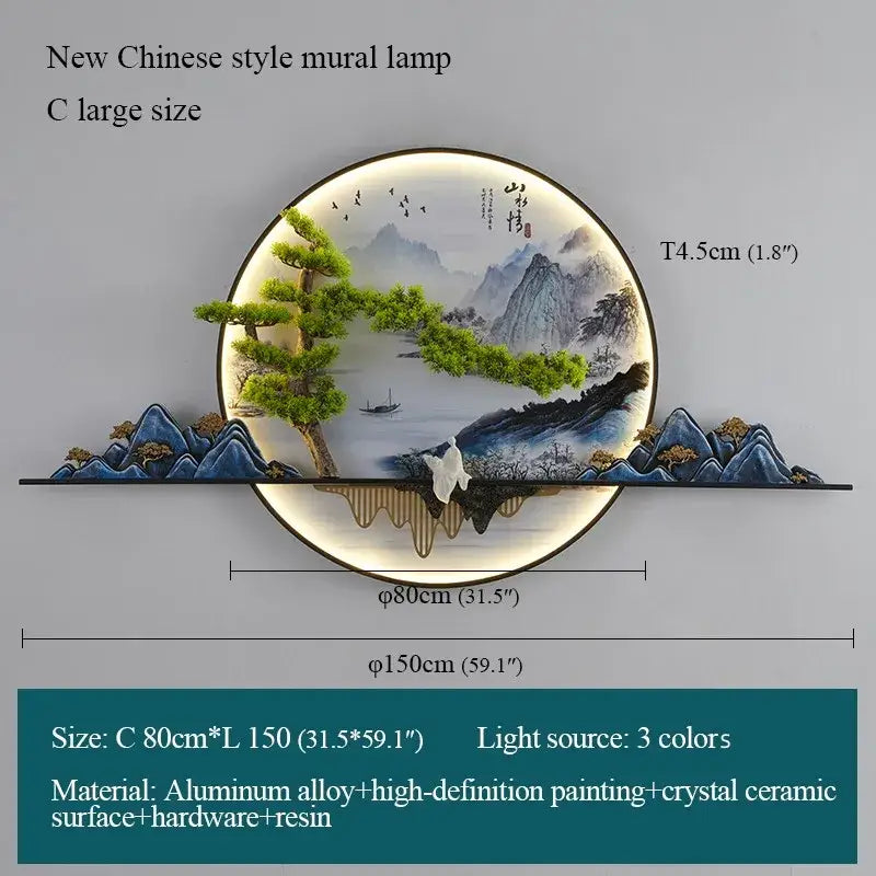 Modern Chinese landscape led picture lamp with circular mural of green pine trees on aluminum alloy base decorbites 3d landscape
