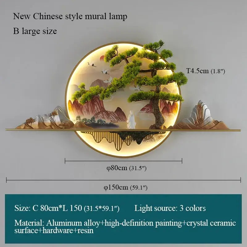 Modern chinese landscape led picture lamp with glowing green pine trees on aluminum alloy base for decorbites 3d landscape