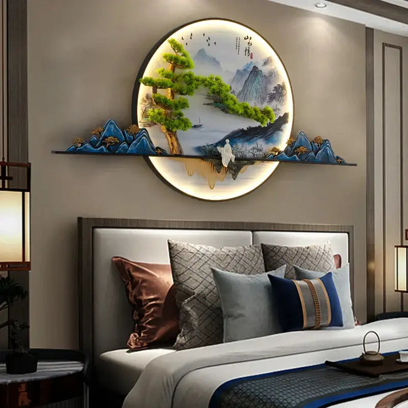 Circular modern chinese landscape led picture lamp with green pine trees blue mountains and traditional calligraphy decorbites 3d landscape