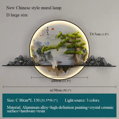 Circular modern chinese landscape led picture lamp with green pine trees and misty mountains for living room decorbites 3d landscape