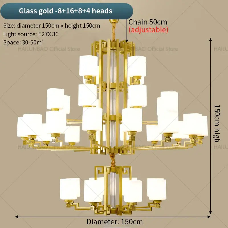 Modern chinese style chandelier with gold finish, white glass shades, and geometric design pendant light for living room