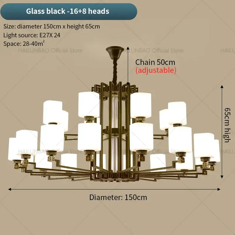 Modern chinese style chandelier pendant light with bronze black metal frame and 24 frosted glass shades in tiers