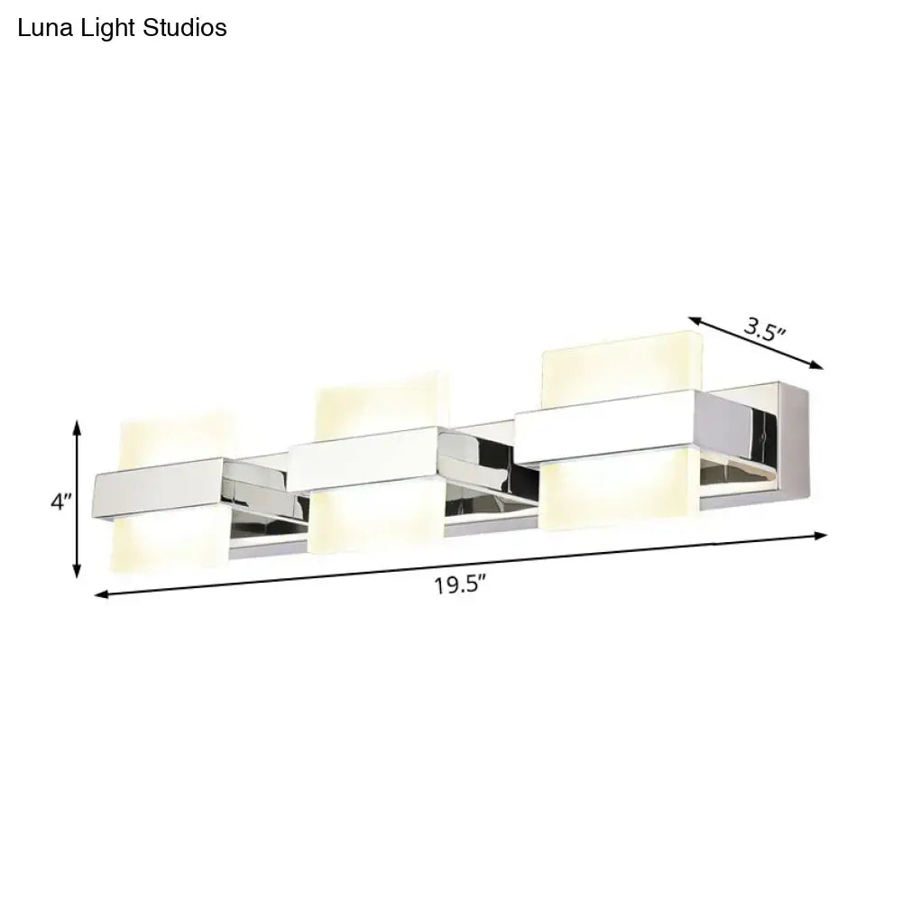 Modern chrome 3 panel acrylic vanity wall light featuring three rectangular frosted glass panels for bathroom use