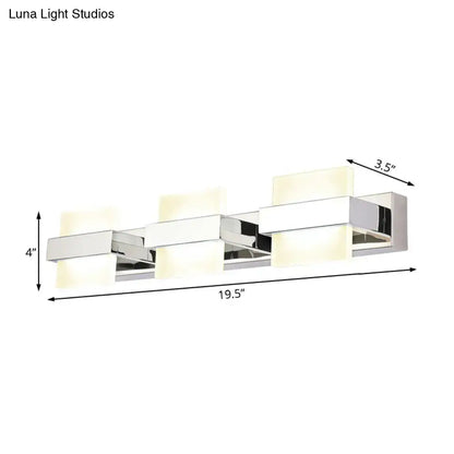 Modern chrome 3 panel acrylic vanity wall light featuring three rectangular frosted glass panels for bathroom use