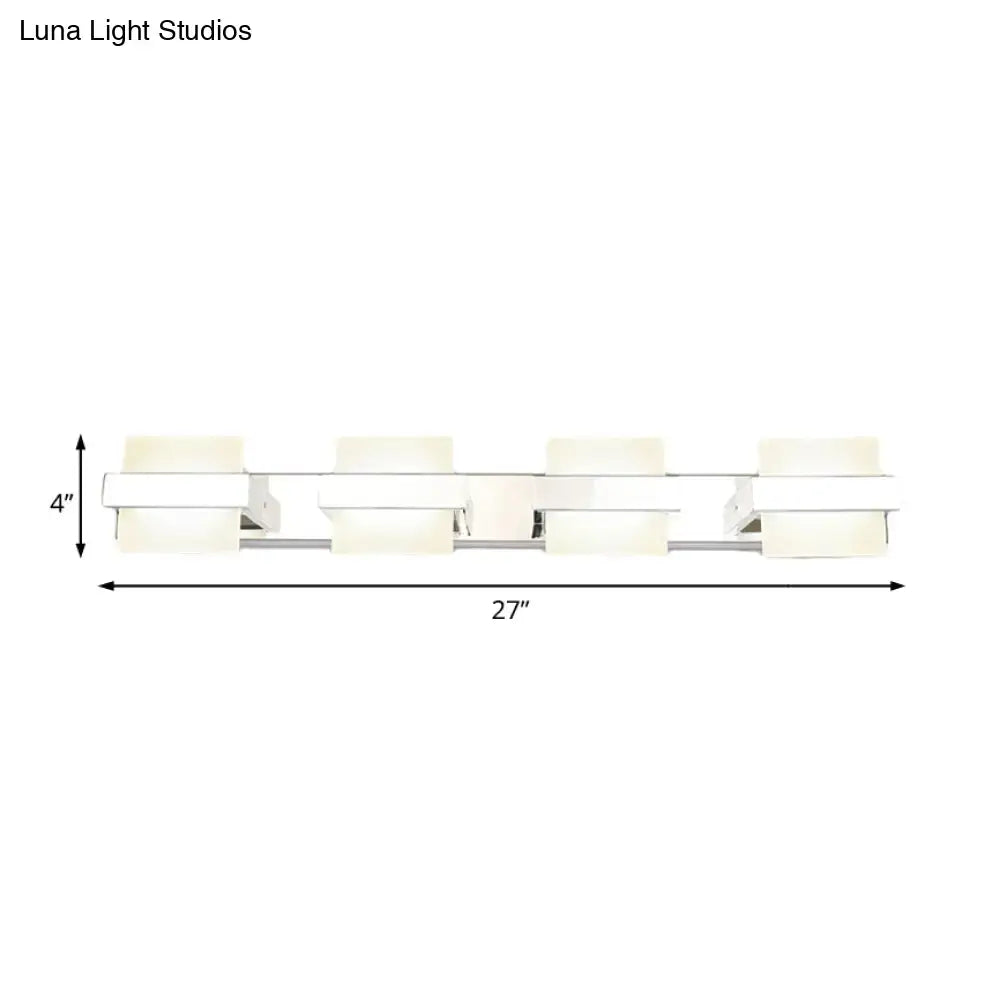 Modern chrome 27-inch vanity wall light with four frosted glass shades and sleek chrome finish for bathroom use
