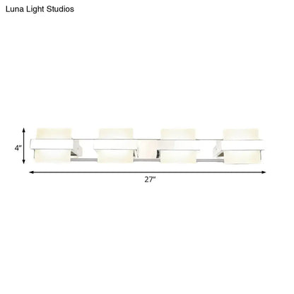 Modern chrome 27-inch vanity wall light with four frosted glass shades and sleek chrome finish for bathroom use