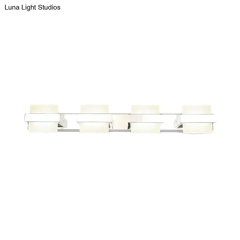 Modern chrome vanity wall light with four rectangular frosted glass shades for bathroom wall light fixture