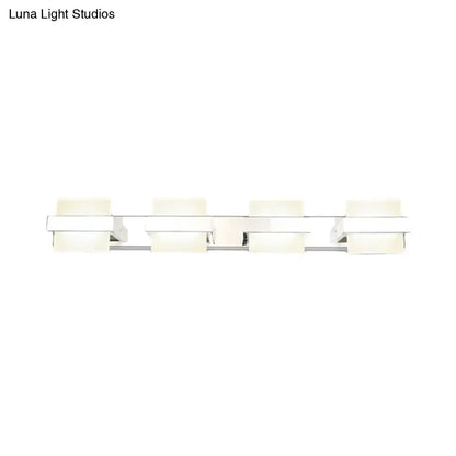 Modern chrome vanity wall light with four rectangular frosted glass shades for bathroom wall light fixture