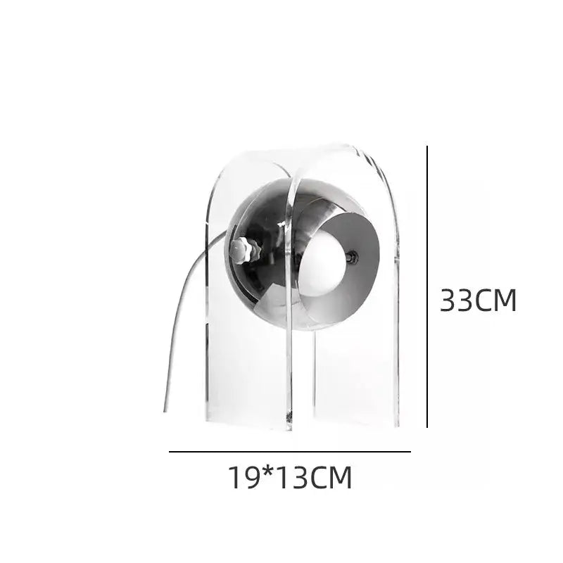 Modern chrome acrylic led desk lamp with a sleek curved frame and spherical bulb housing for bedroom decorbites acrylic led use