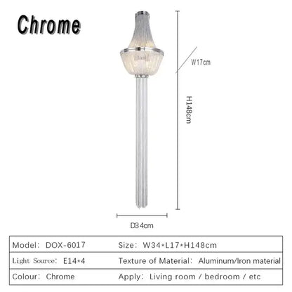 Modern chrome aluminum chain sconce with vertical glass prisms and aluminum iron frame for bedroom wall lighting