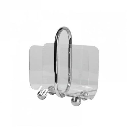Modern chrome and acrylic desktop bookshelf organizer with transparent panels and spherical feet for home office use