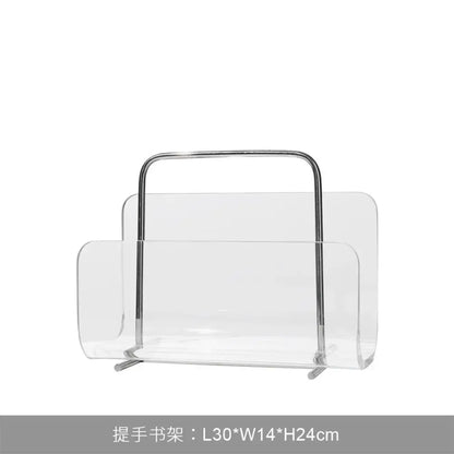 Modern chrome and acrylic desktop bookshelf organizer with clear acrylic rack and sleek chrome handle for home office use