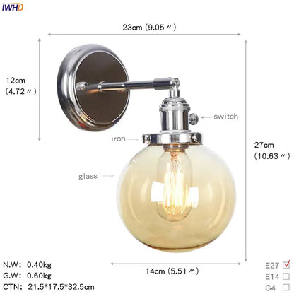 Modern chrome and amber glass ball wall light with chrome-finished iron and spherical amber glass globe for bedroom sconce