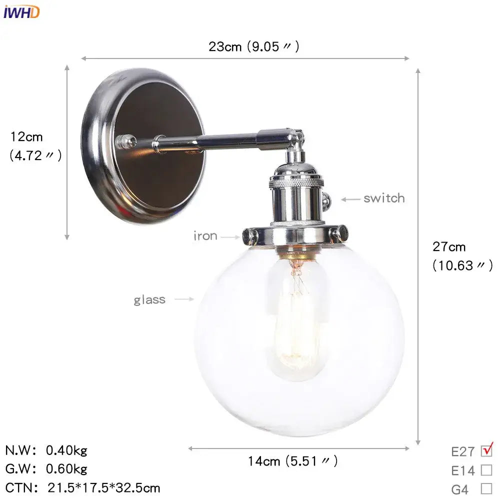 Modern chrome wall light featuring a clear glass ball wall sconce with exposed filament bulb for bedroom use