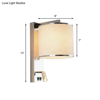 Modern chrome and beige fabric led wall sconce with cylindrical shade and reading light for living room use