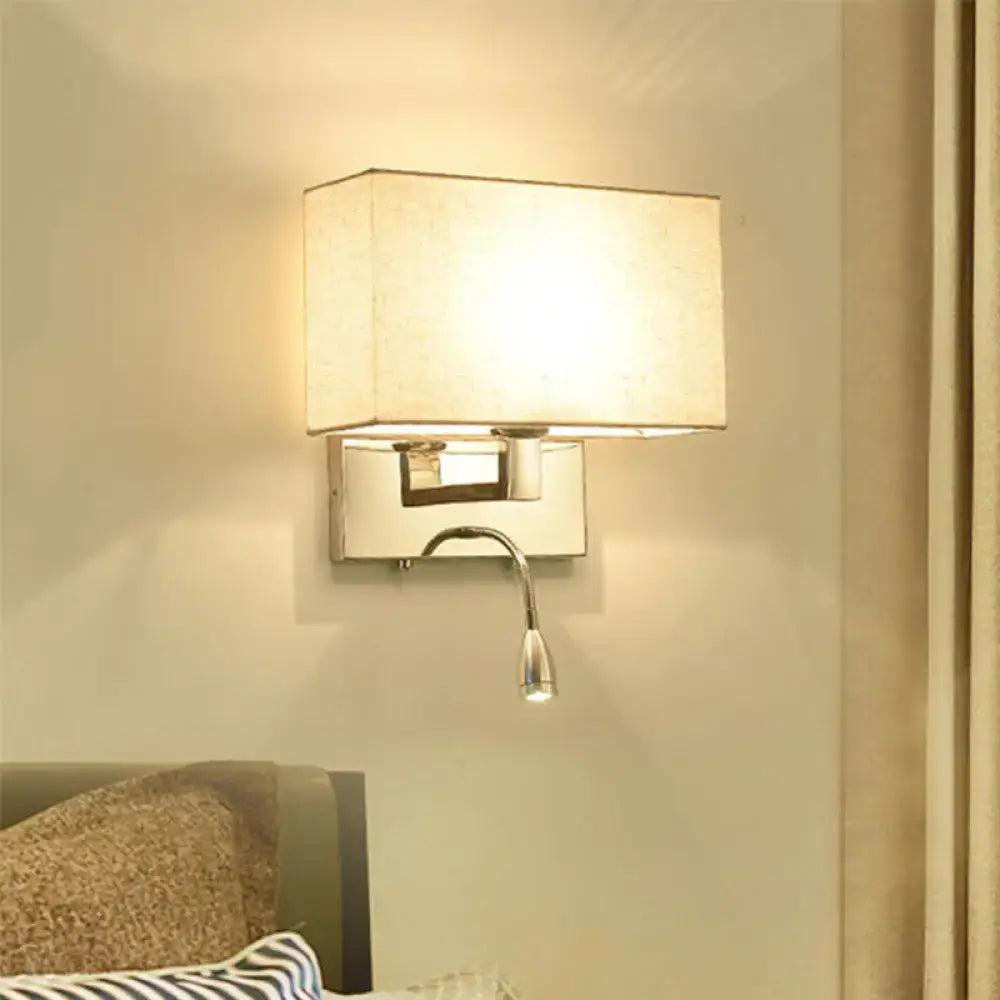 Modern chrome wall light featuring a beige fabric shade 12 inches high with adjustable gooseneck reading light shade width