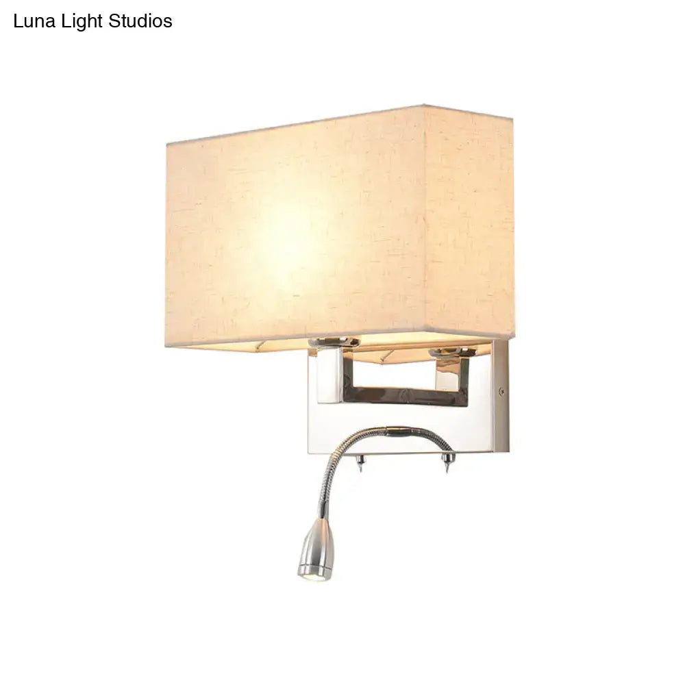 Modern wall light with chrome frame and beige fabric shade 12 inches high and 8 inches shade width for bedroom use