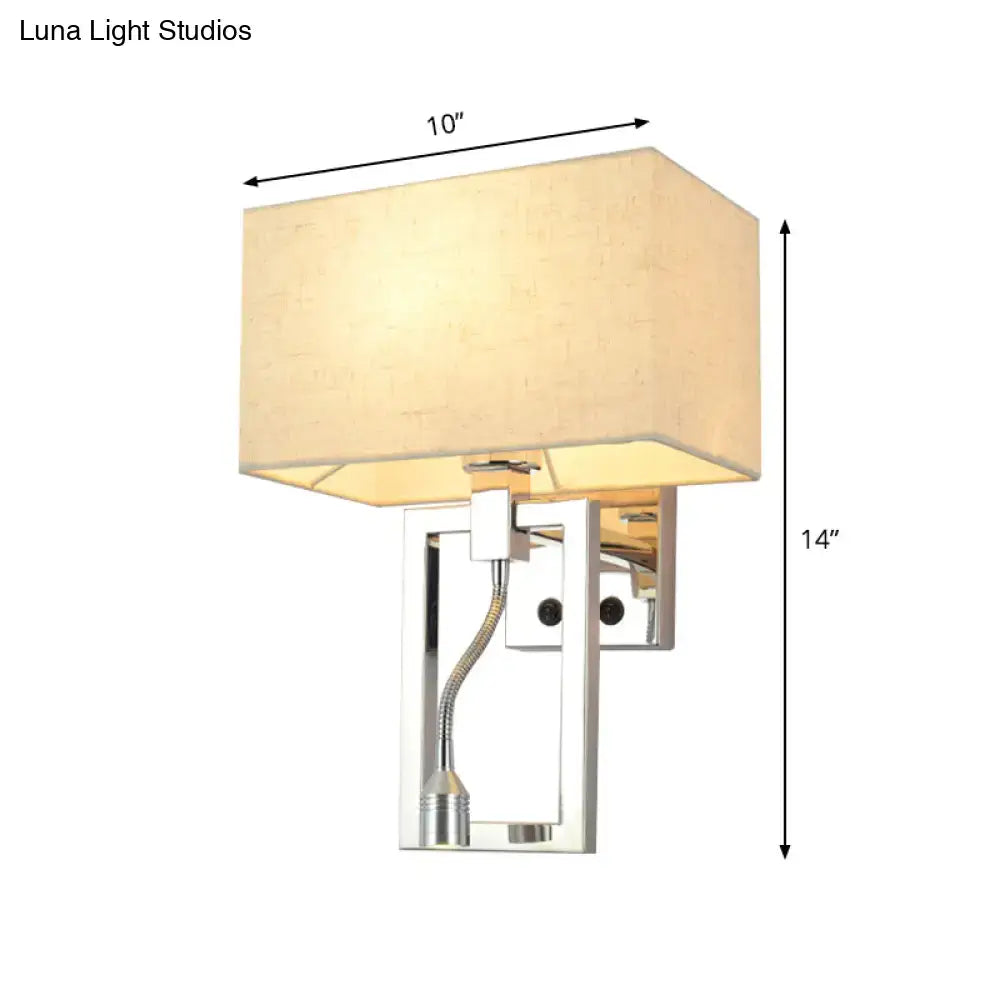 Modern chrome and beige wall mount light sconce with rectangular fabric shade and adjustable gooseneck spotlight for bedroom
