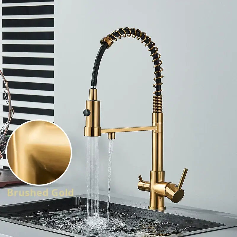 Brushed gold kitchen water filter faucet with flexible coiled hose and dual handles in modern chrome and black style