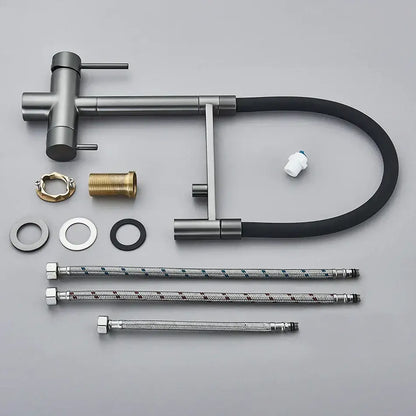 Modern chrome and black dual spout water filter faucet with sleek matte black finish and matching flexible hoses