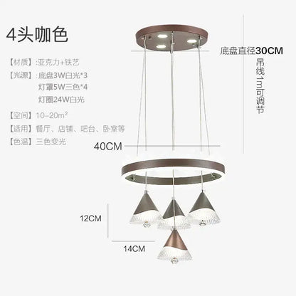 Modern café-colored four-head pendant led dining table chandelier with acrylic iron frame and matte bronze conical shades