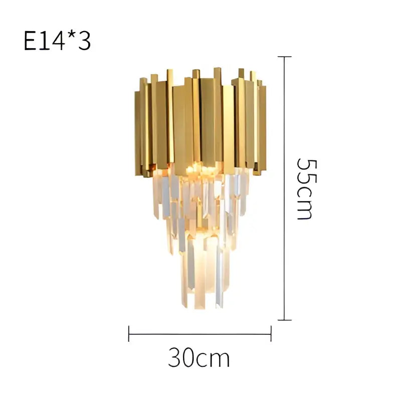Gold-toned wall sconce with three vertical arms and cascading decorbites crystal clear led prisms for bedroom